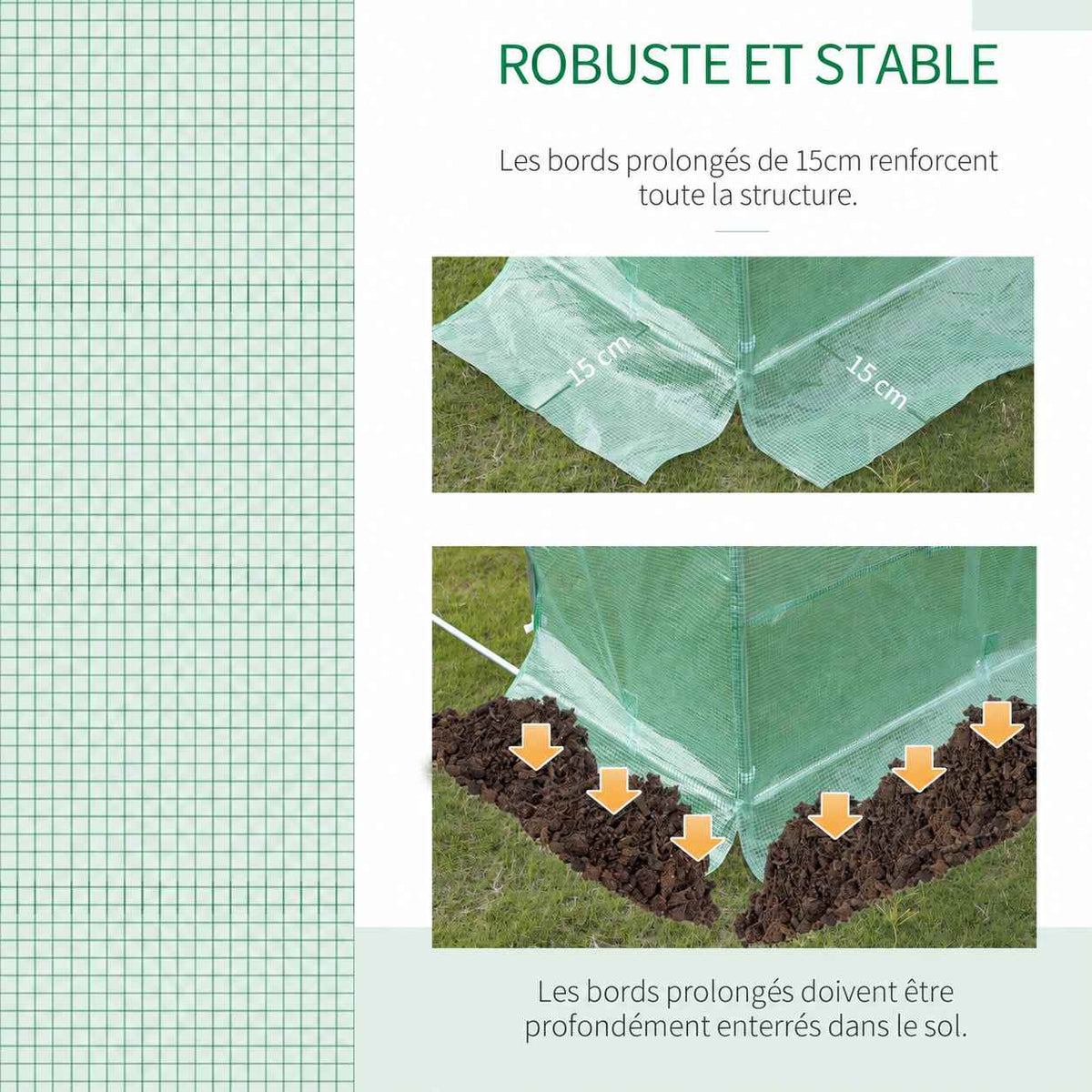 Bâche verte tramée et détail du bord à enterrer