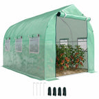 Serre tunnel verte ouverte avec tomates, cordes et piquets fournis