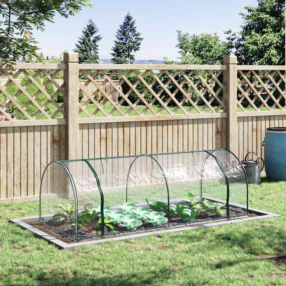 Mini-serre tunnel transparente protégeant des légumes au potager