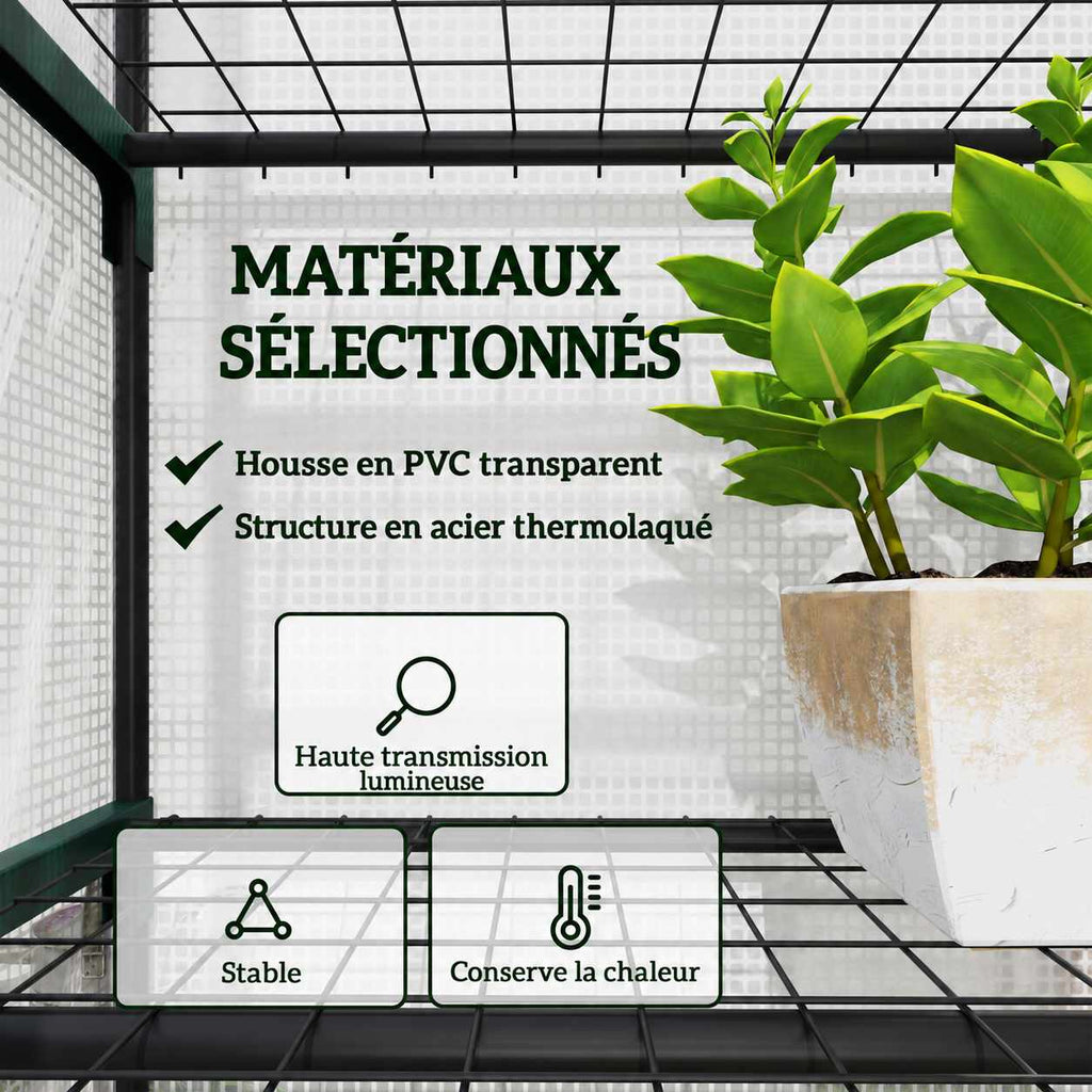 Détail de la housse transparente et des étagères grillagées de la mini serre