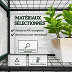 Détail de la housse transparente et des étagères grillagées de la mini serre