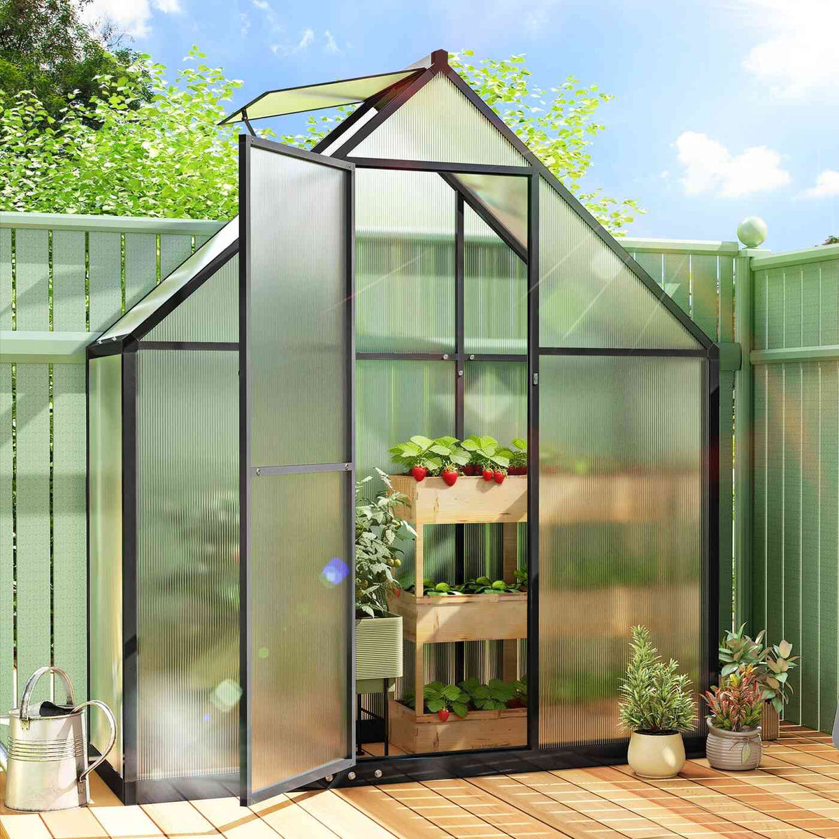 Serre étroite noire ouverte avec étagère de plantes sur une terrasse en bois