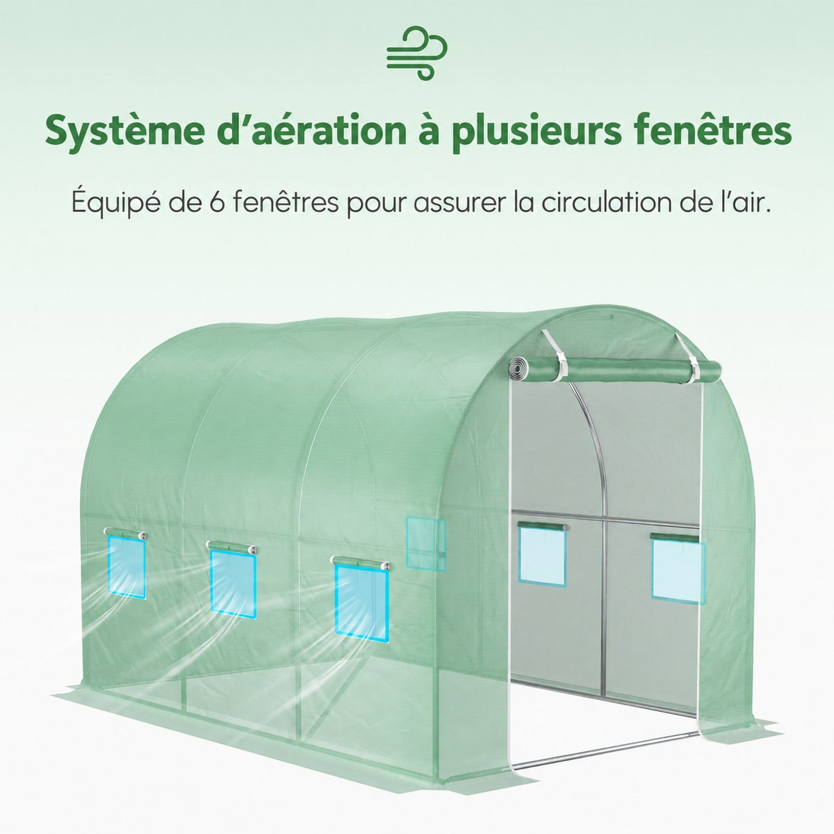 Présentation des six fenêtres latérales de la bâche de serre verte