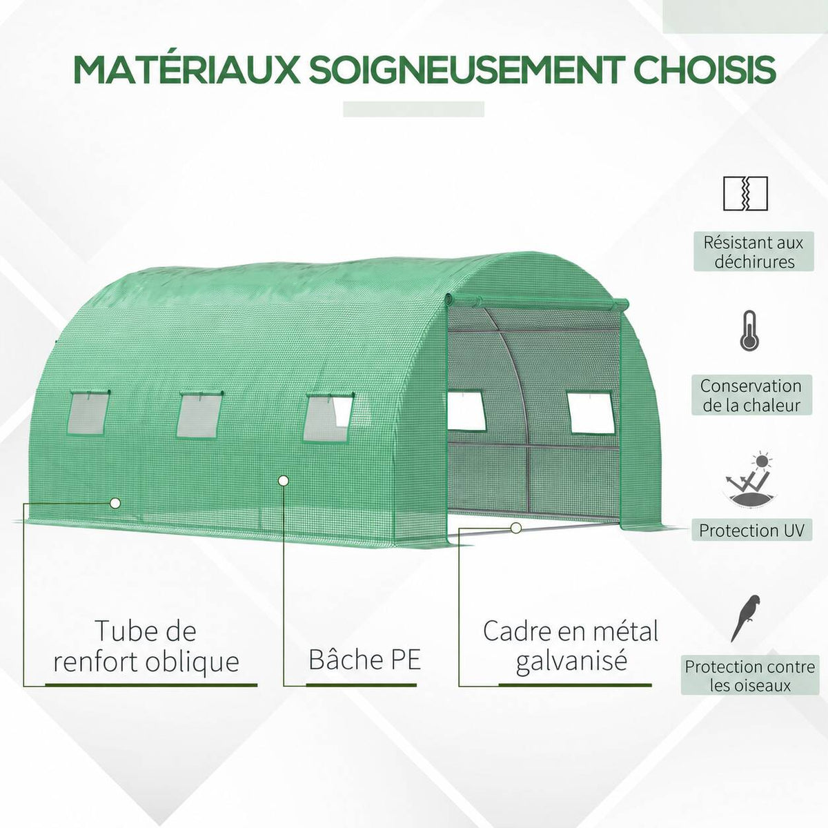Présentation de la bâche tramée et de l’armature de la serre tunnel