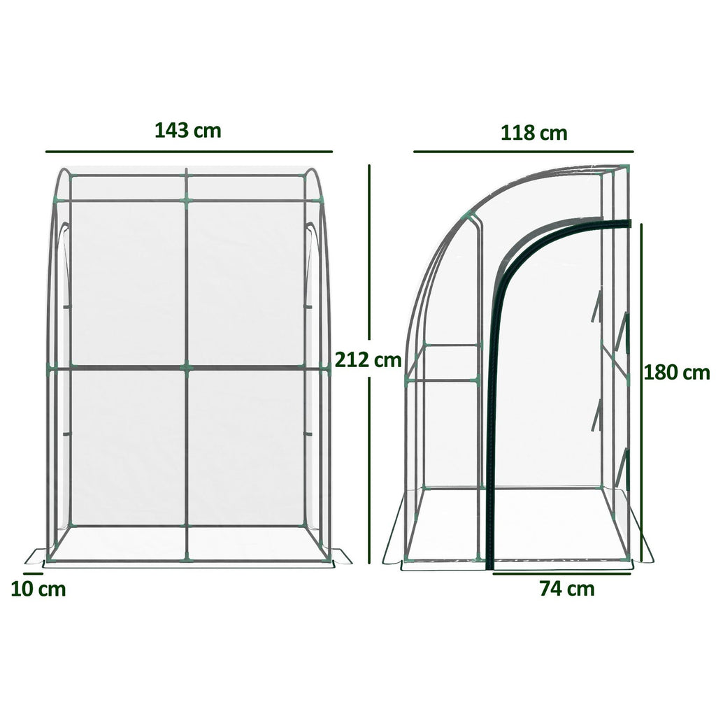 Dimensions de la serre adossée transparente : 143 × 118 × 212 cm