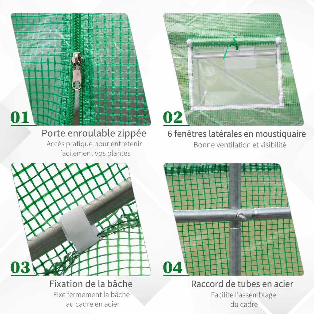 Détails du zip, de la fenêtre et des raccords de la serre verte