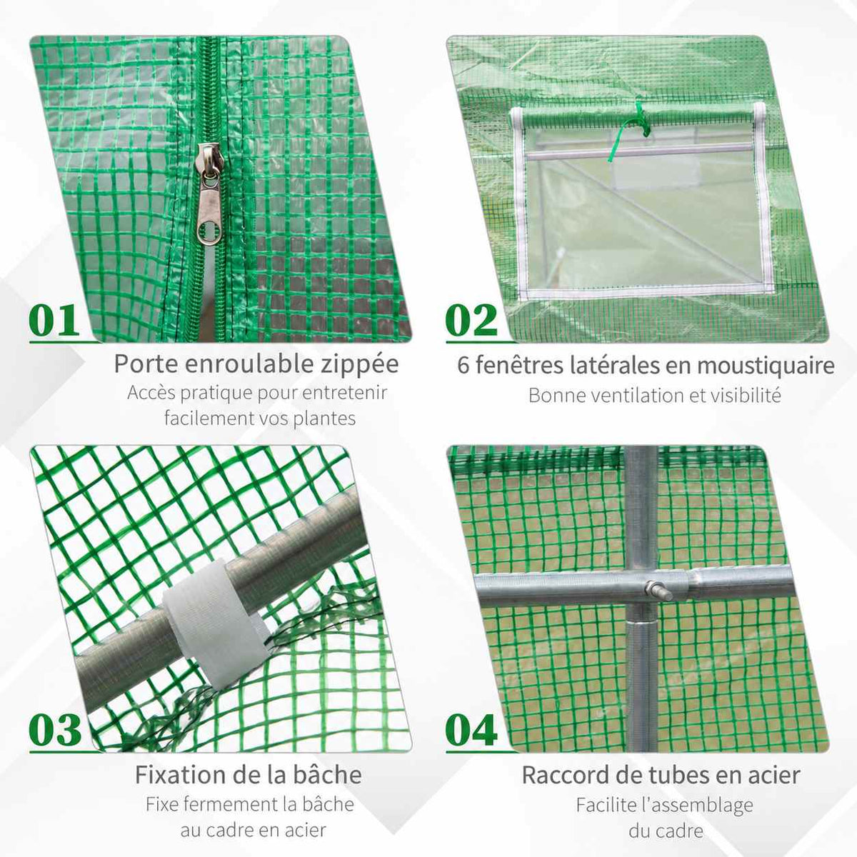 Détails du zip, de la fenêtre et des raccords de la serre verte