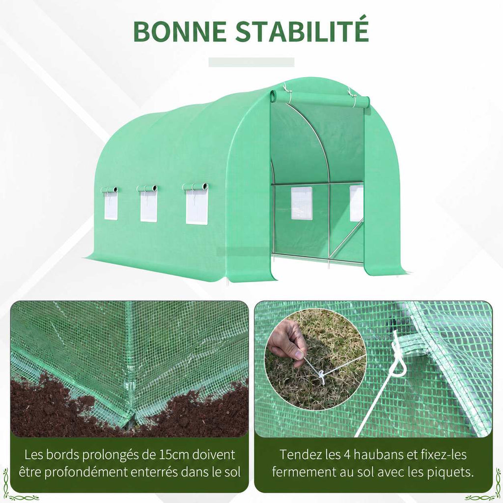 Serre tunnel verte et présentation des ancrages au sol