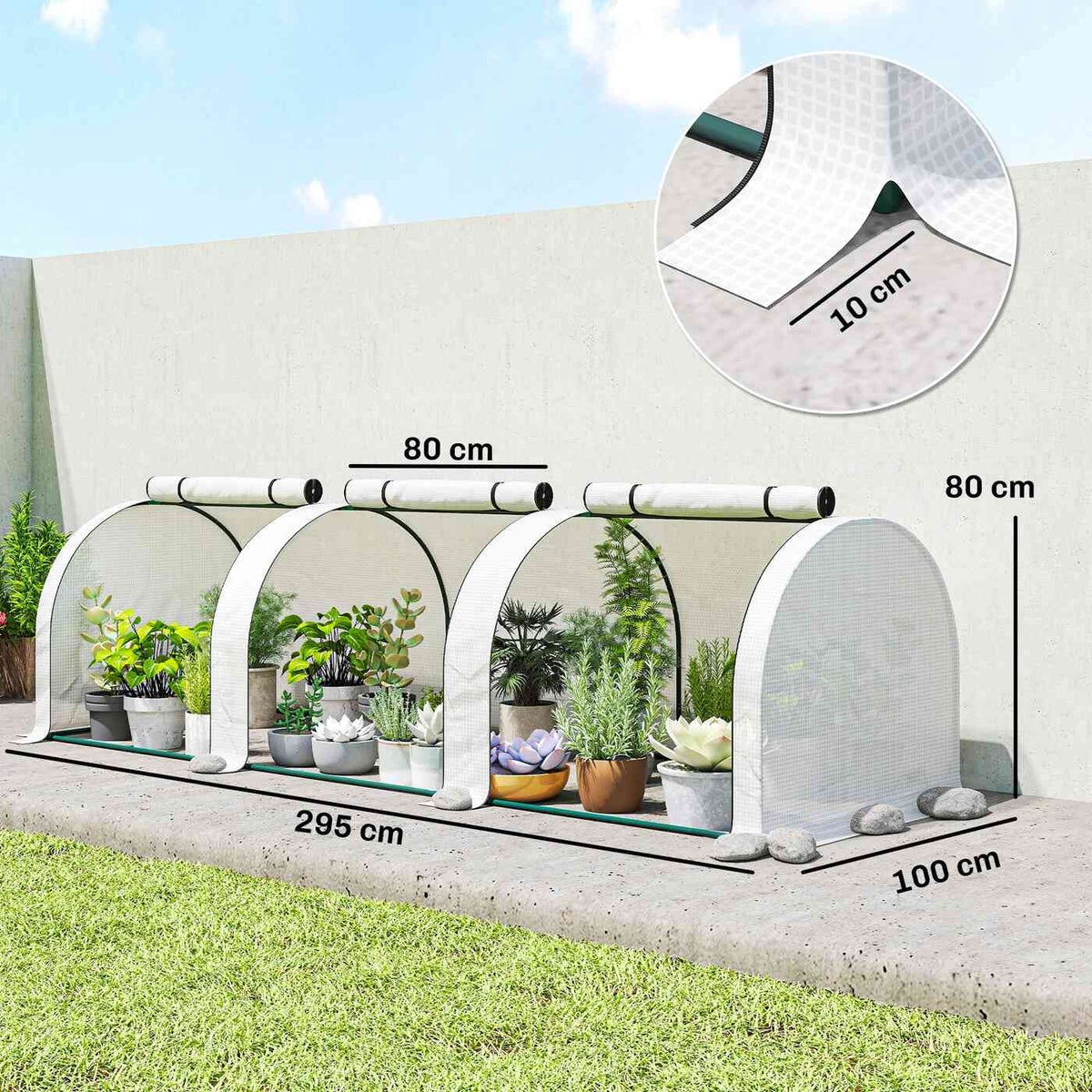 Dimensions de la mini serre tunnel blanche : 295 × 100 × 80 cm