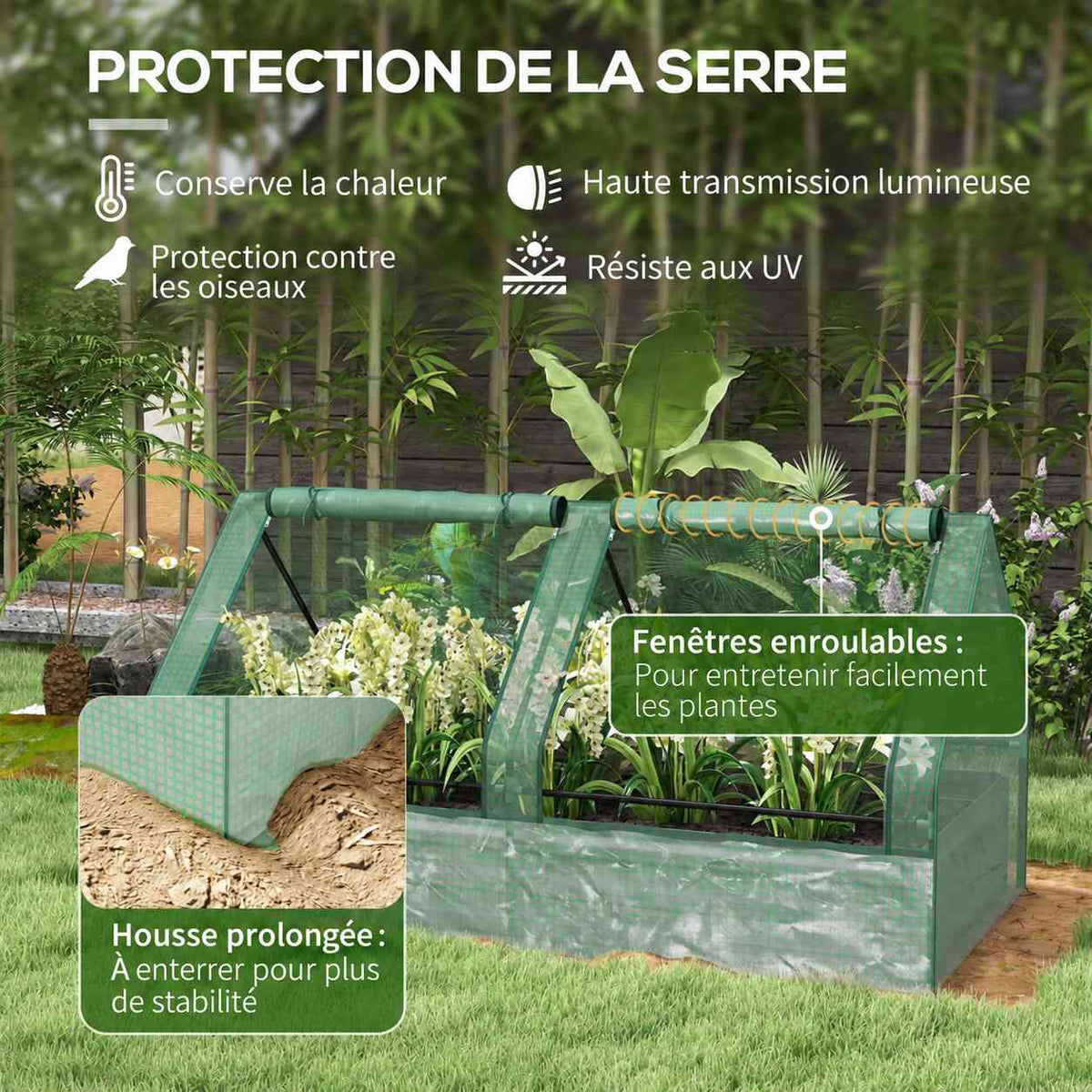 Bac potager couvert avec détail des portes enroulables