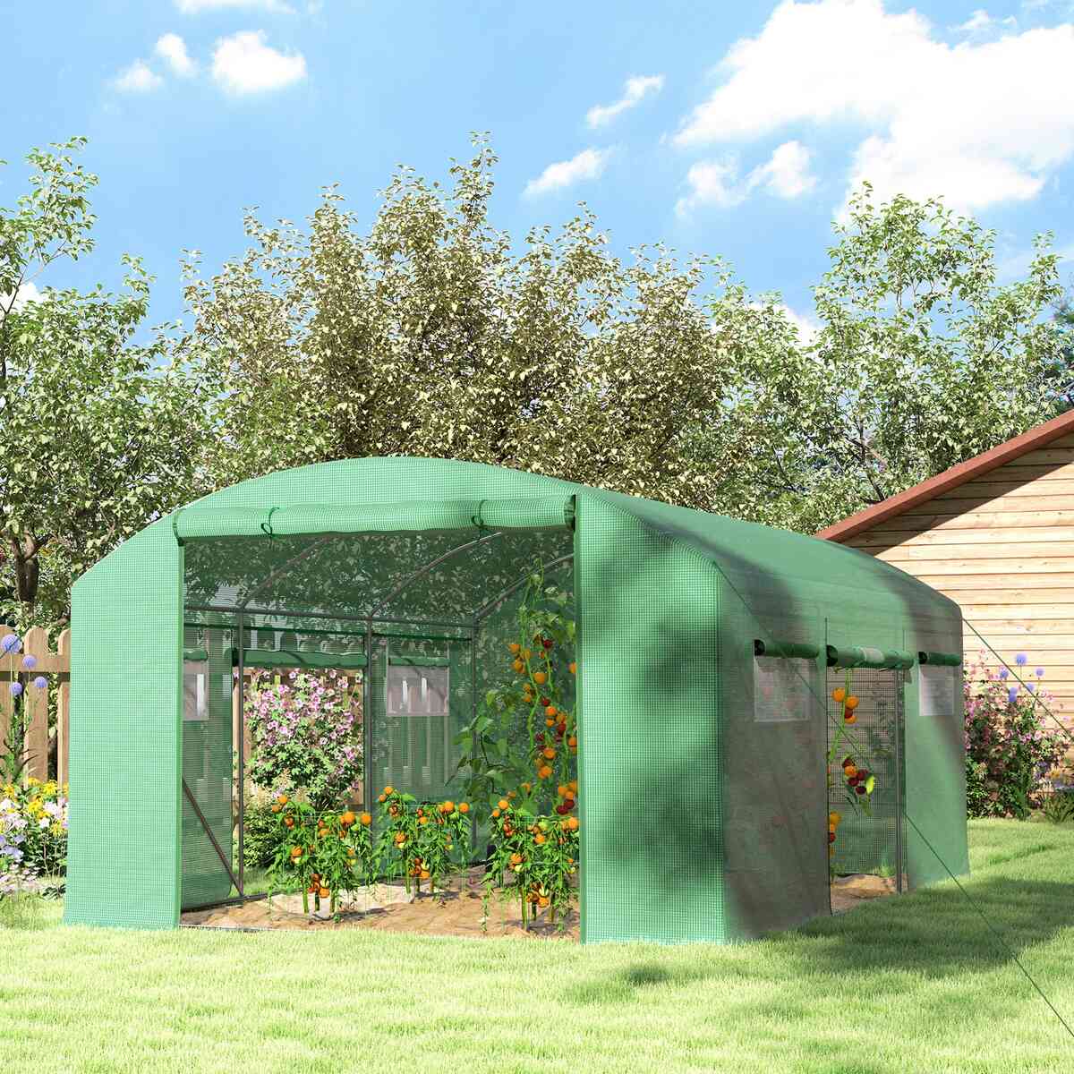 Serre tunnel verte ouverte avec cultures au jardin près d’un abri