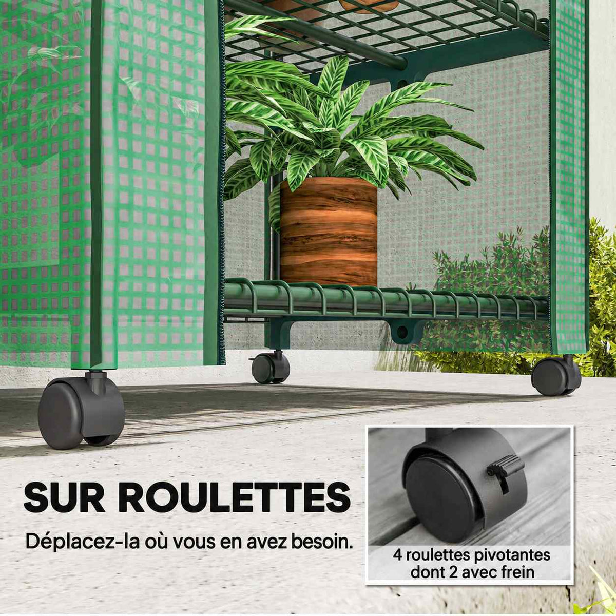 Gros plan des roulettes de la mini serre verte