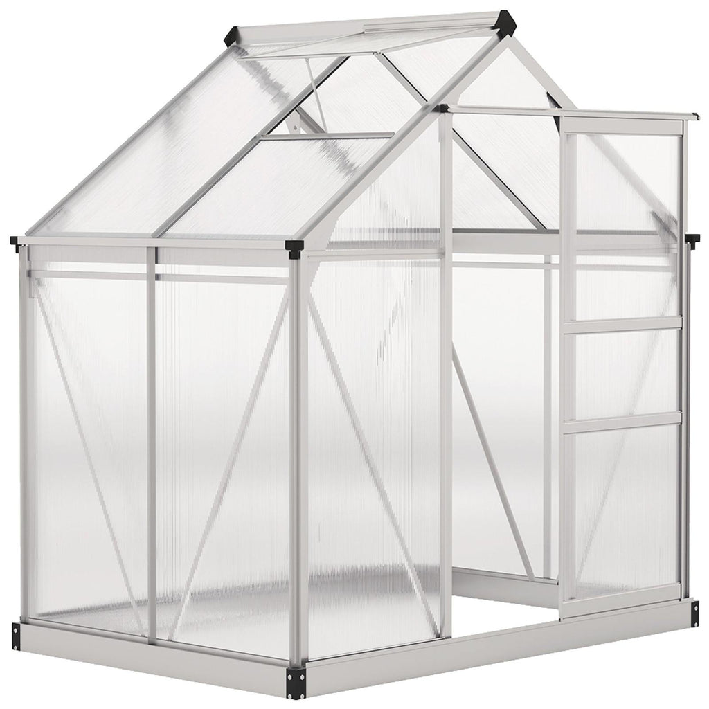 Serre argentée en polycarbonate avec porte coulissante ouverte