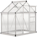 Serre argentée en polycarbonate avec porte coulissante ouverte