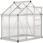 Serre argentée en polycarbonate avec porte coulissante ouverte