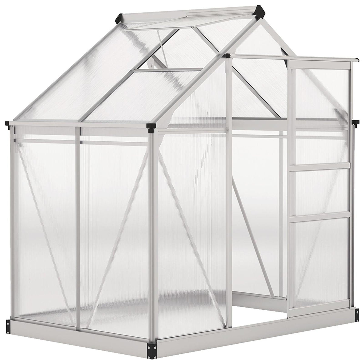 Serre argentée en polycarbonate avec porte coulissante ouverte