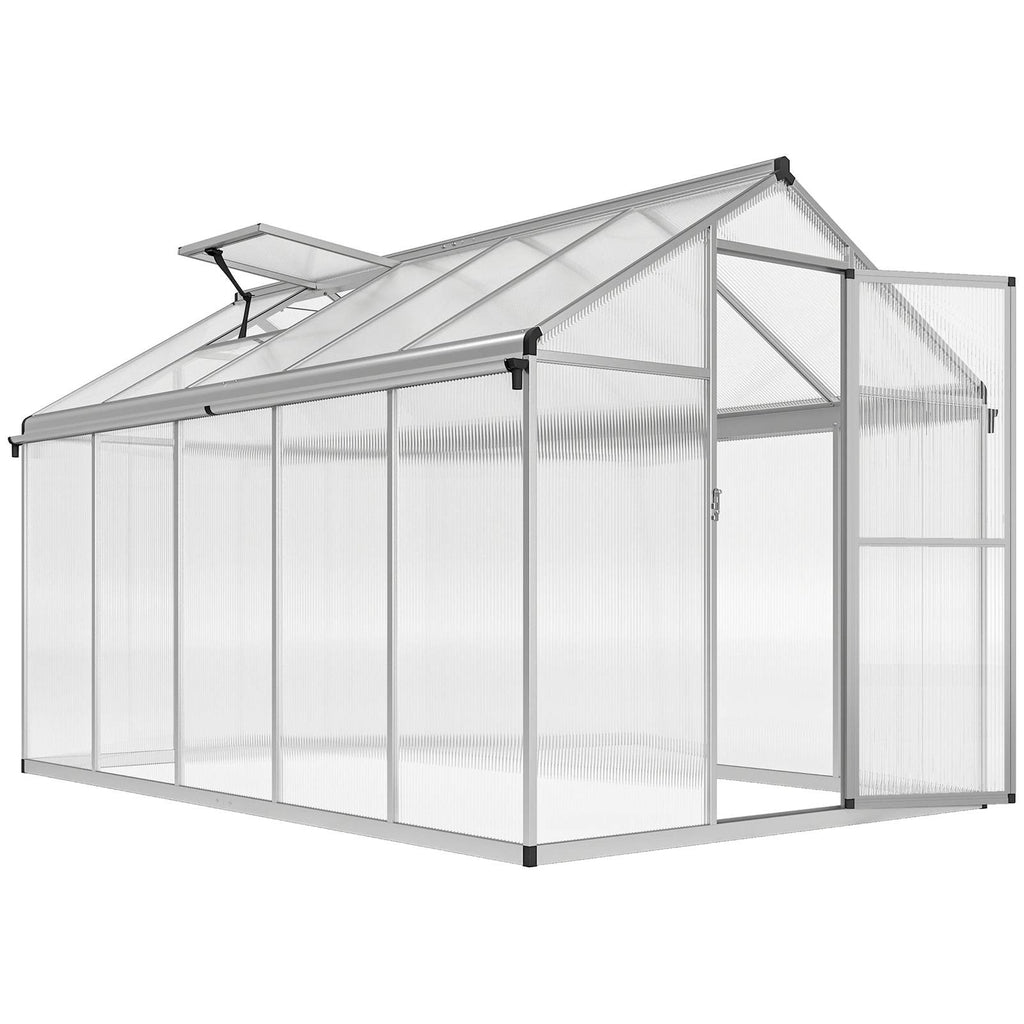 Serre en polycarbonate avec porte et lucarne ouvertes