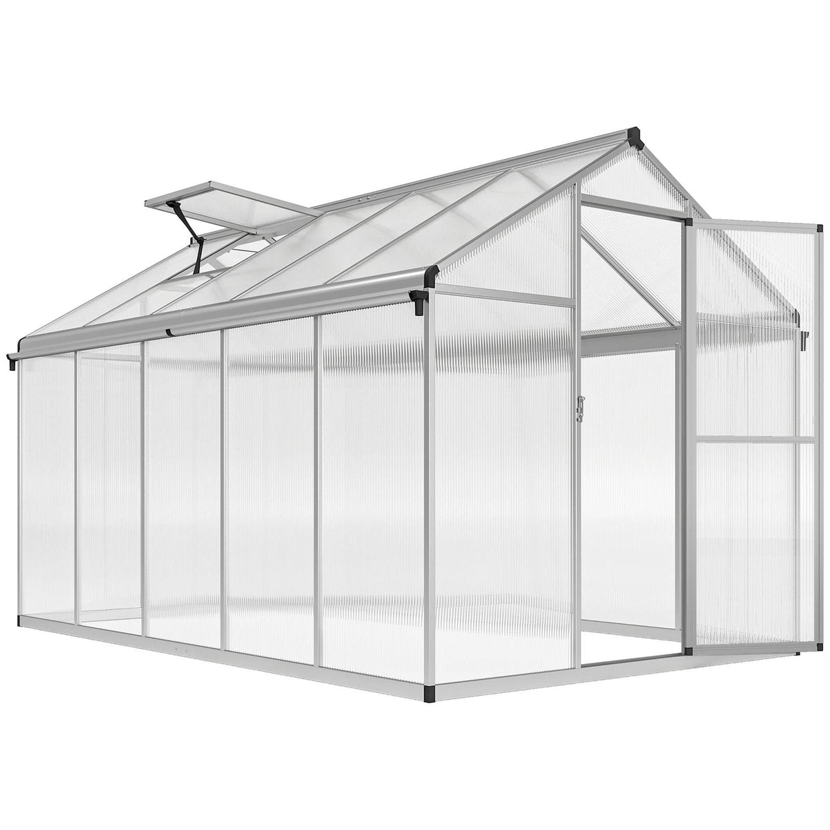 Serre en polycarbonate avec porte et lucarne ouvertes