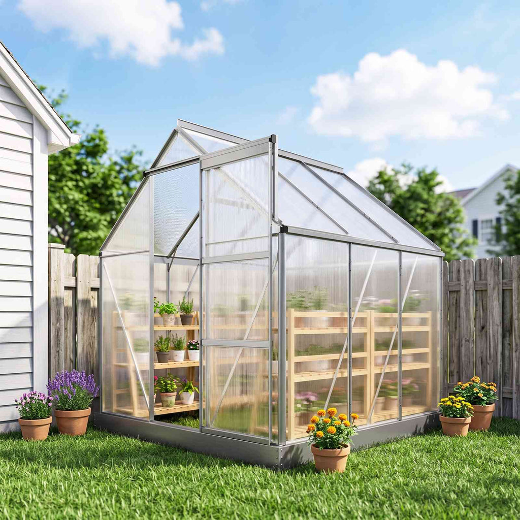 Serre remplie de plantes près d’une maison blanche