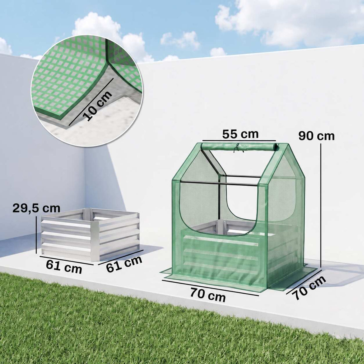 Dimensions du bac potager argenté et de sa housse de serre verte