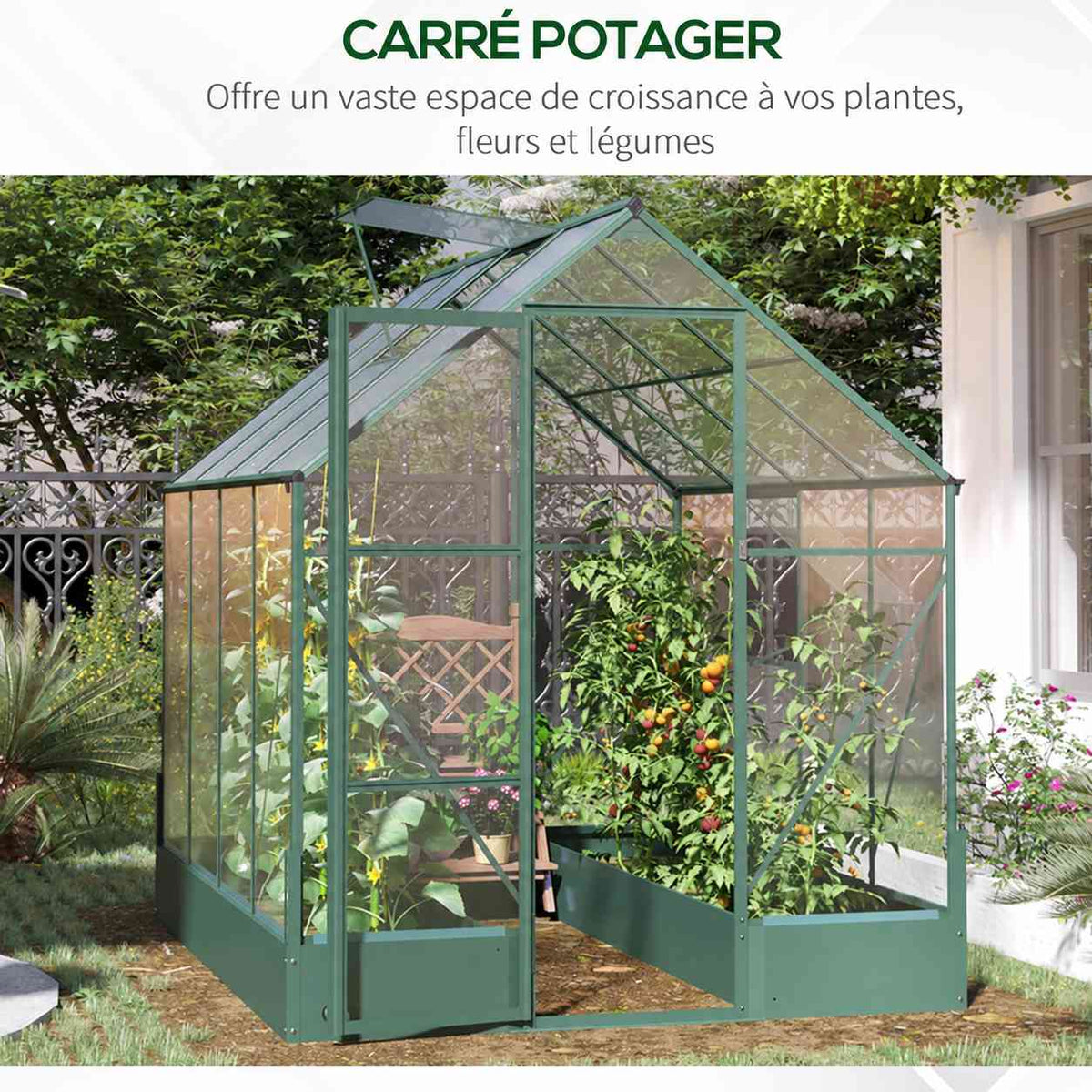 Deux bacs de culture garnis de plantes dans la serre verte