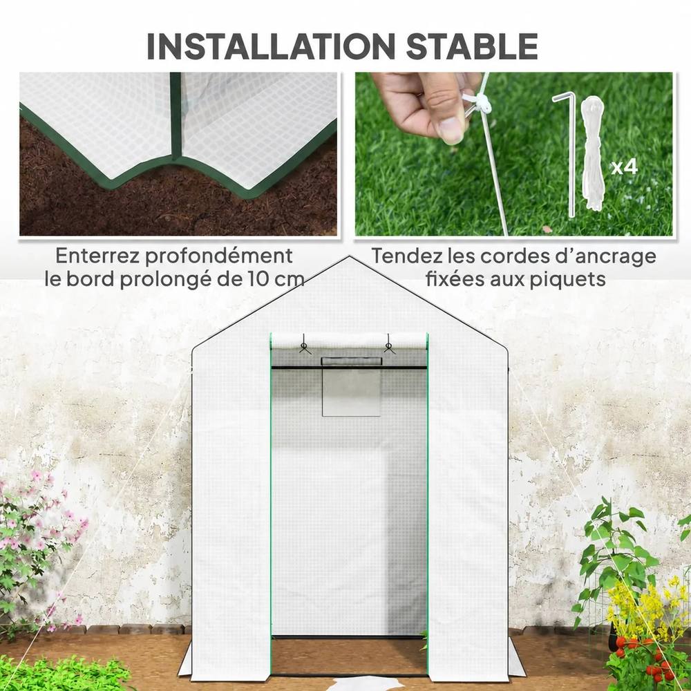 Petite serre blanche avec illustrations des haubans et du bord de housse à enterrer