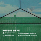 Détail intérieur de la housse verte quadrillée et de l’armature de la serre