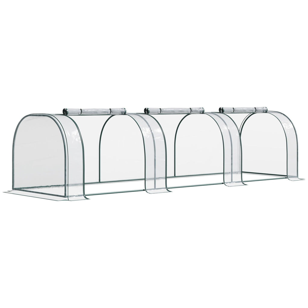 Mini-serre tunnel transparente allongée avec trois portes ouvertes