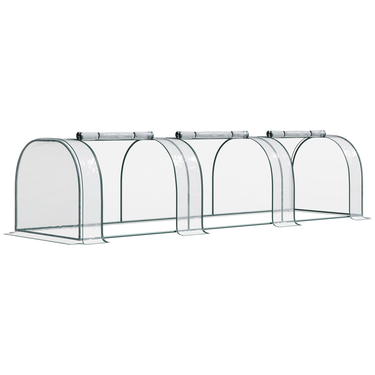 Mini-serre tunnel transparente allongée avec trois portes ouvertes