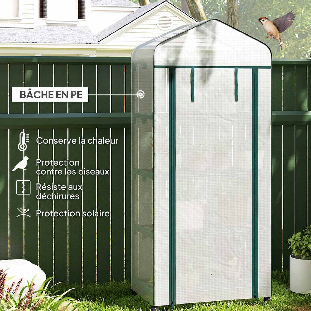 Mini serre blanche fermée avec détails de la housse