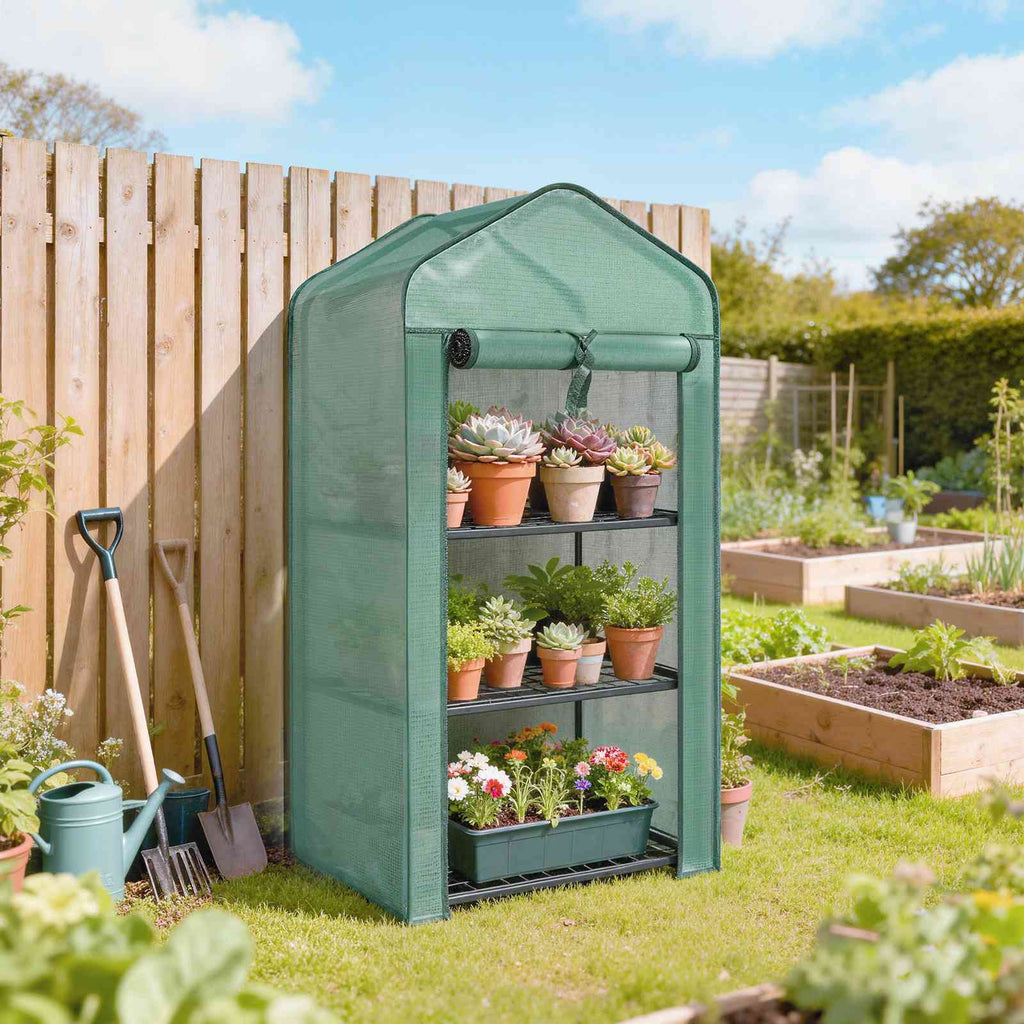 Mini serre verte remplie de plantes près du potager