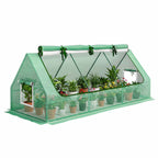 Serre basse verte avec grande ouverture et plantes en pots