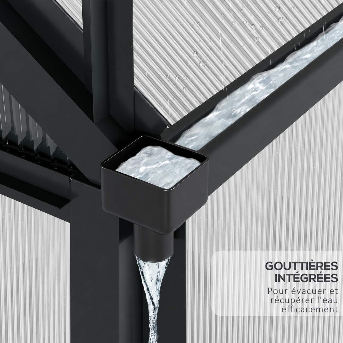 Eau s’écoulant d’un angle de la gouttière de la serre gris foncé