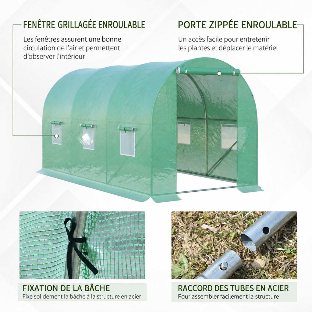 Serre verte avec détails d’une attache de bâche et d’un tube de raccord