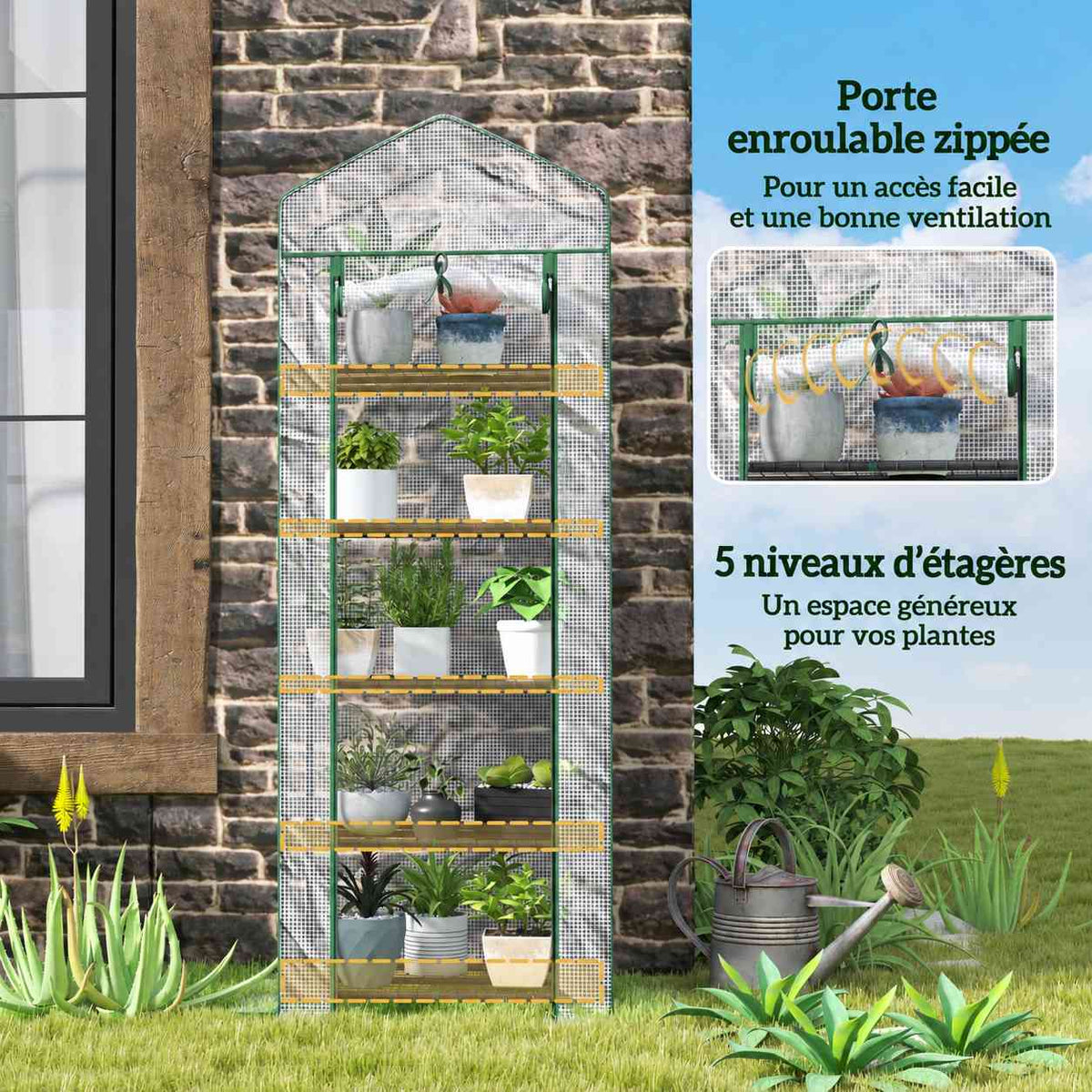 Mini serre blanche avec détail de la porte zippée enroulable et des cinq étagères