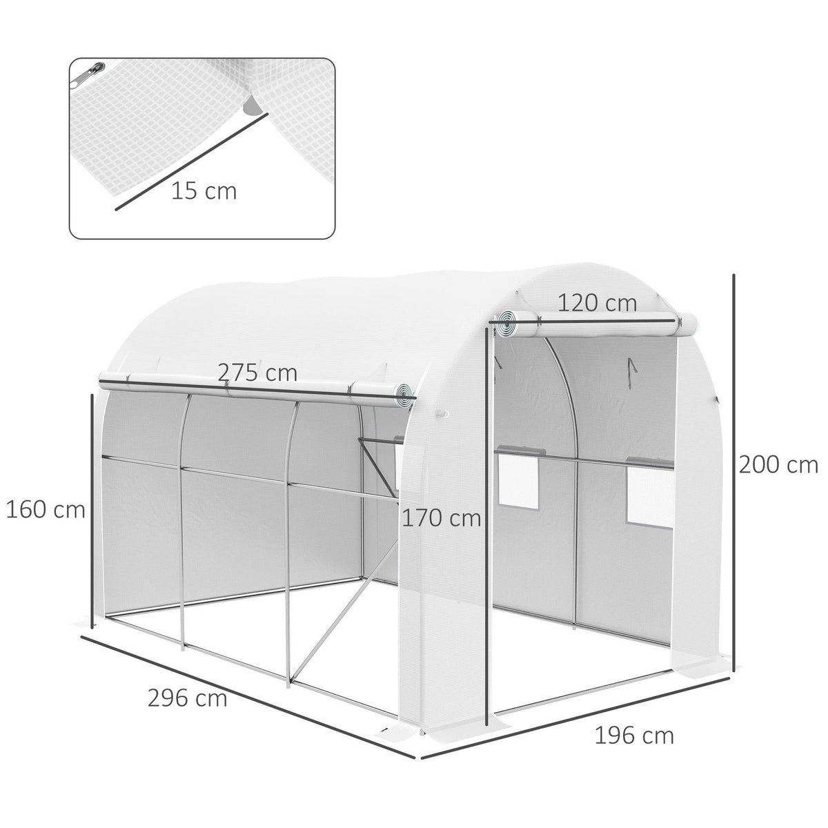 Dimensions de la serre tunnel blanche : 296 × 196 × 200 cm