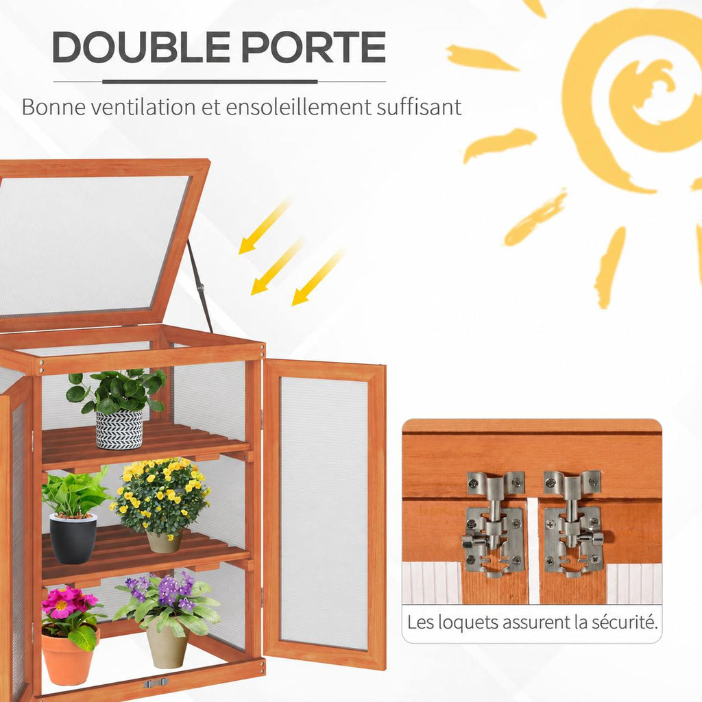 Double porte ouverte de la serre en bois avec détail des loquets