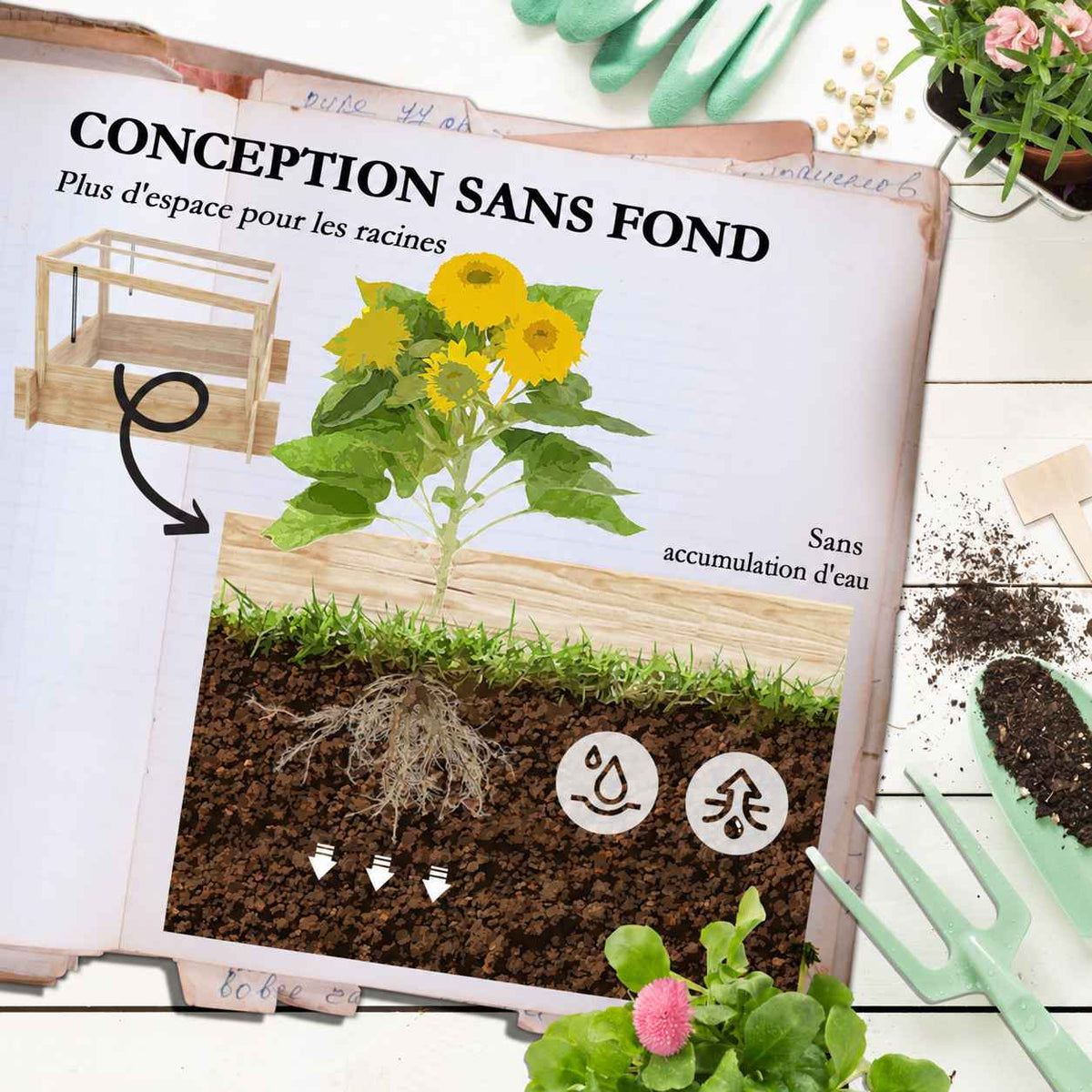 Illustration du fond ouvert du carré potager et des racines