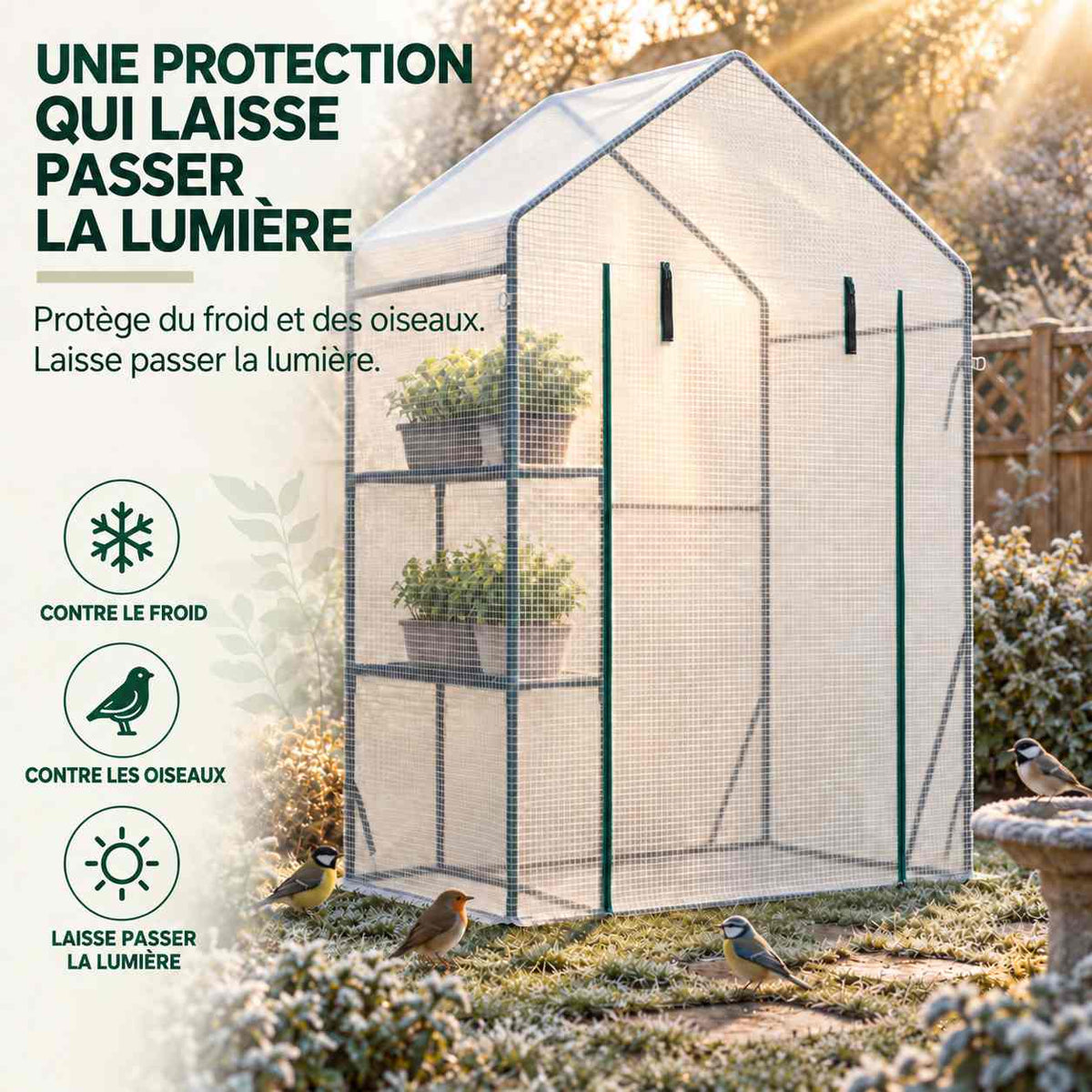 Serre blanche avec plantes dans un décor hivernal