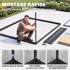Homme assemblant la structure de la serre avec détails des raccords et des panneaux