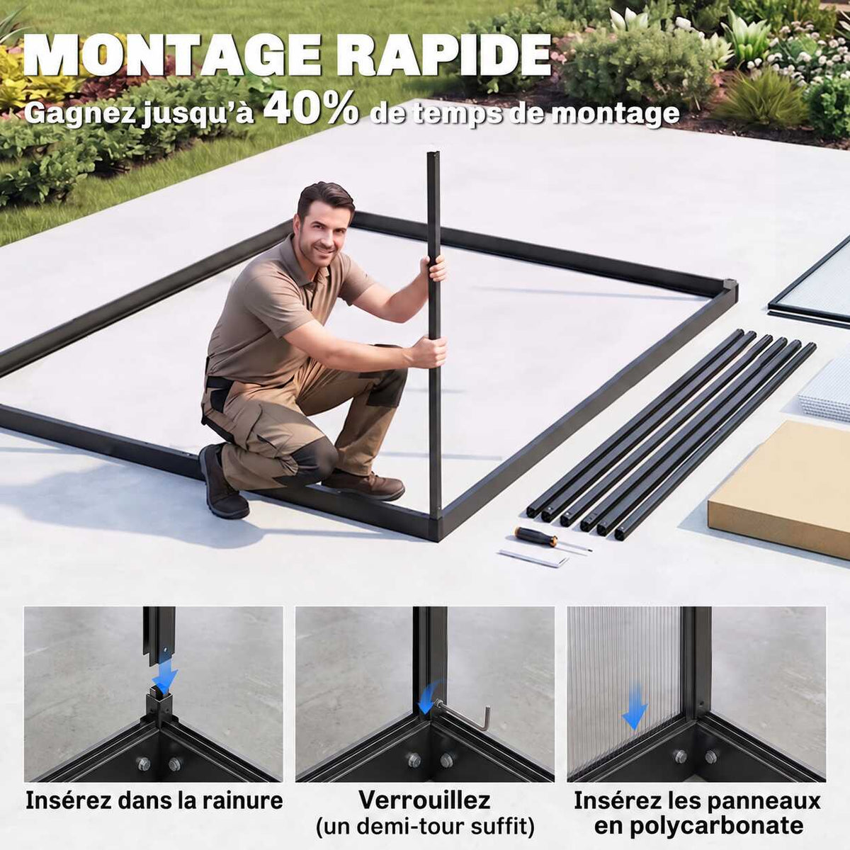 Homme assemblant la structure de la serre avec détails des raccords et des panneaux