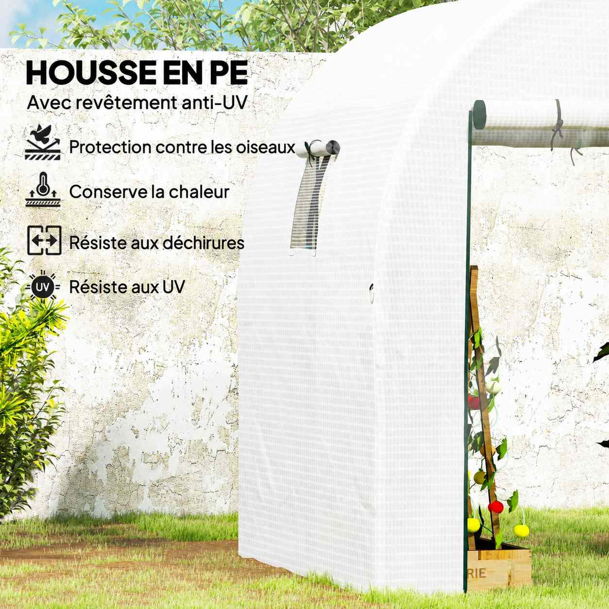 Détail de la housse blanche de la serre