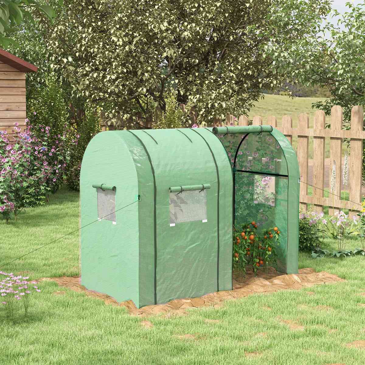 Serre verte avec tomates dans un jardin