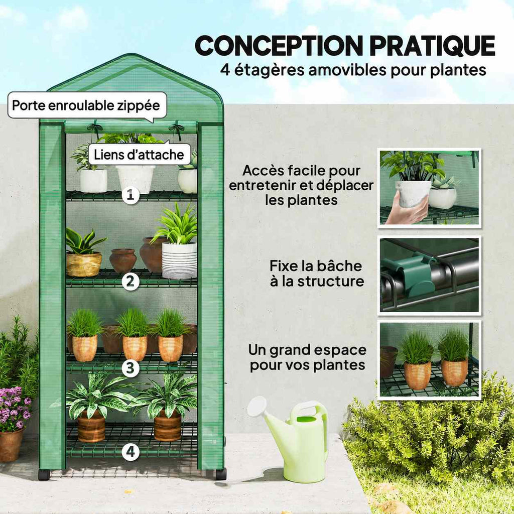 Quatre niveaux de plantes et détails des attaches de serre