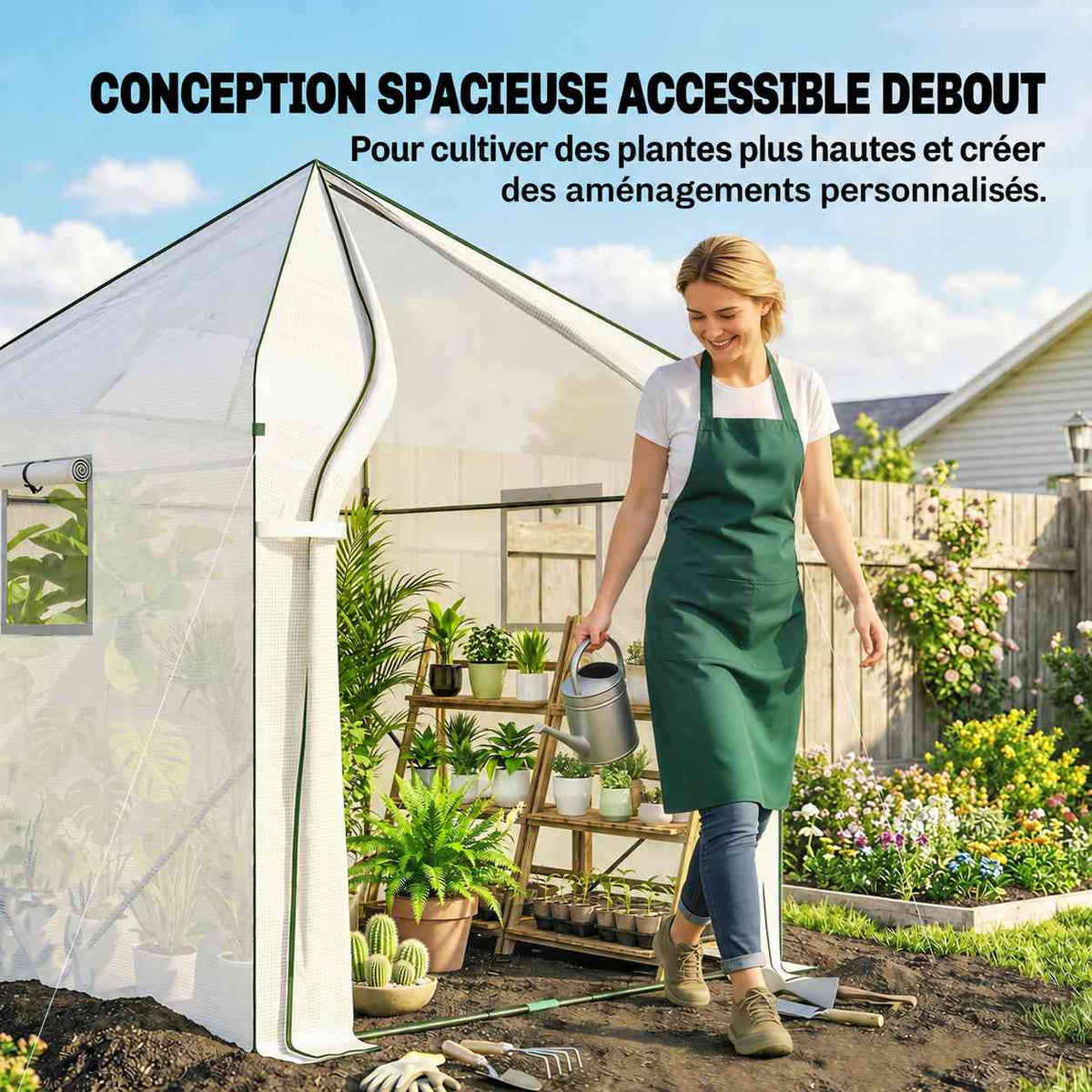 Femme devant une serre blanche ouverte contenant des plantes en pots