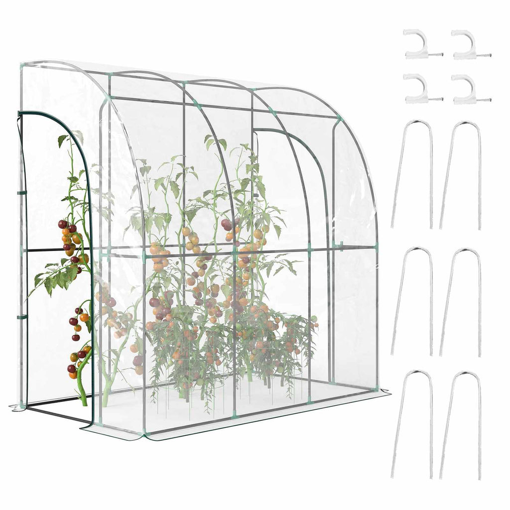 Serre adossée transparente avec plantes, fixations murales et piquets de sol
