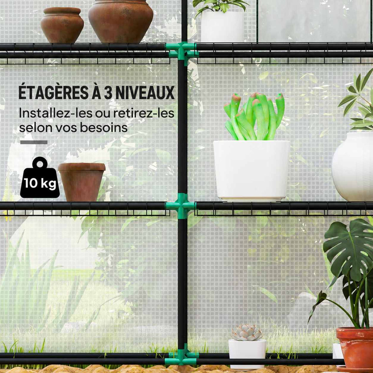 Détail des trois niveaux d’étagères grillagées avec plantes en pots