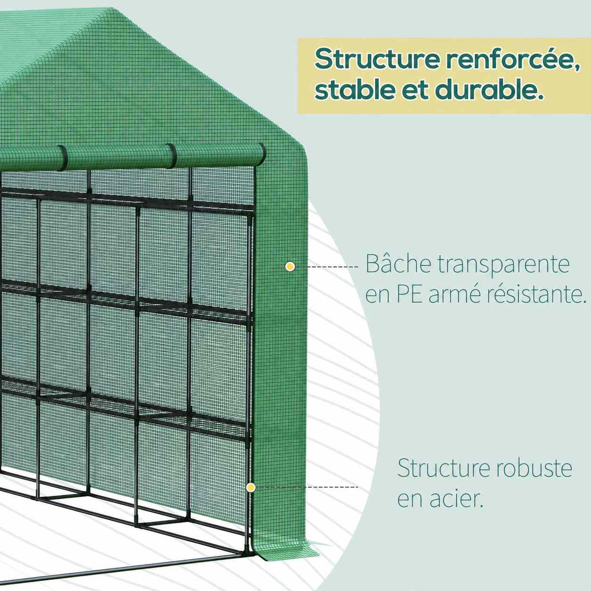Détail de la housse verte et de l’armature métallique