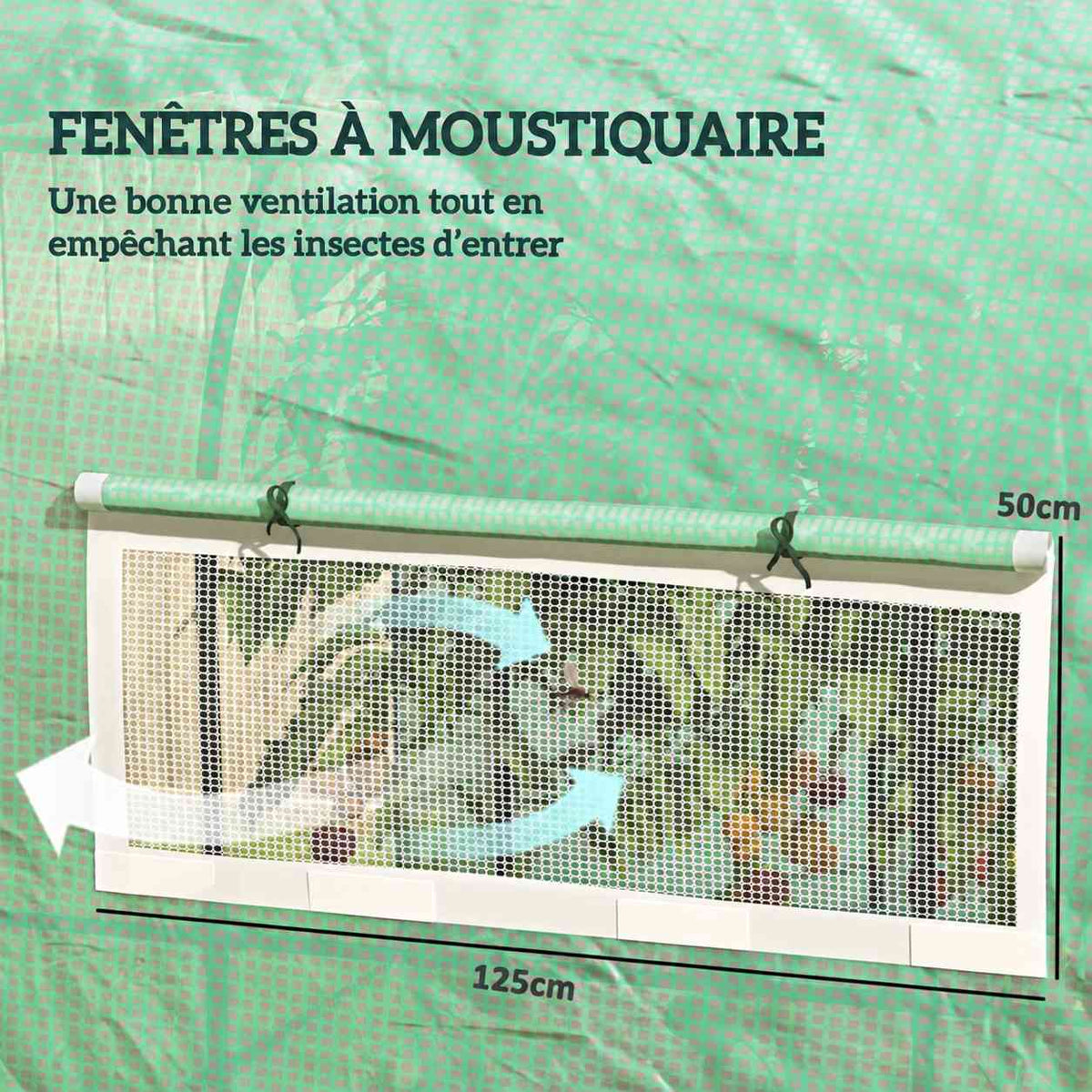 Gros plan d’une fenêtre de serre à moustiquaire de 125 × 50 cm