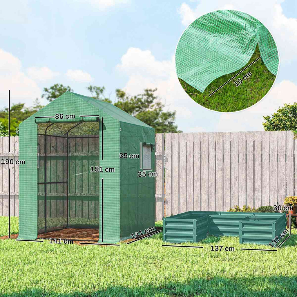 Schéma des dimensions de la serre verte et de son bac potager